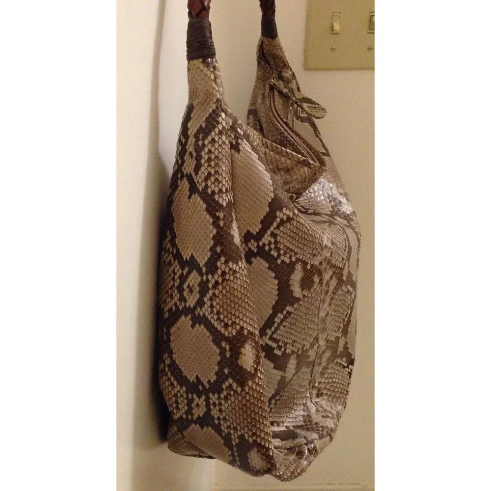 Auth Great Cond REAL natural beige brown PYTHON Carlos Falchi hobo shoulder bag